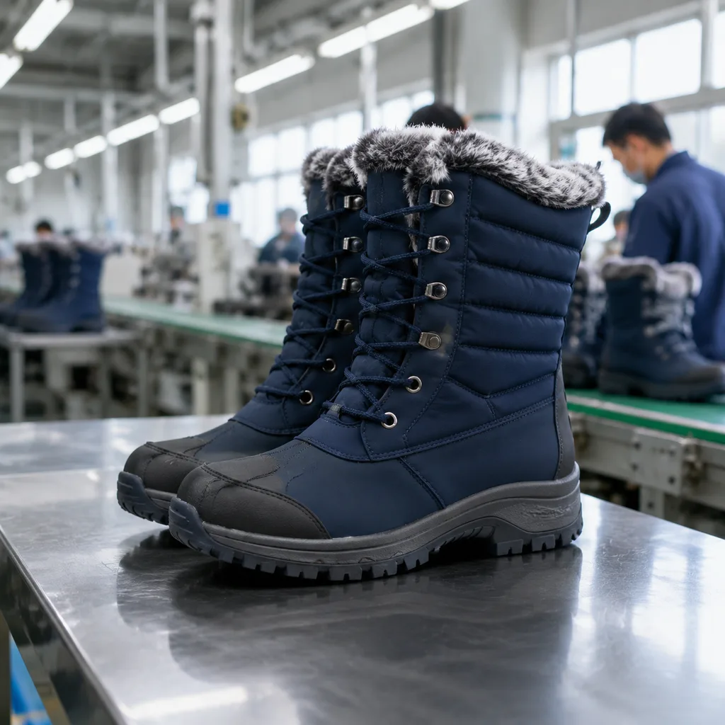 Snow boots arranged on a factory workbench